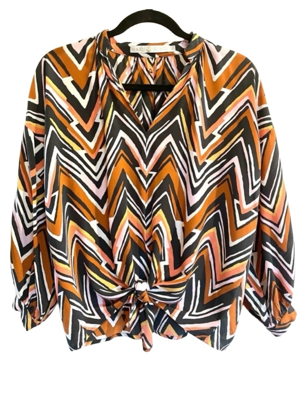 Marie Oliver Silk Chevron Tie Front Blouse XS Boho Multicolor